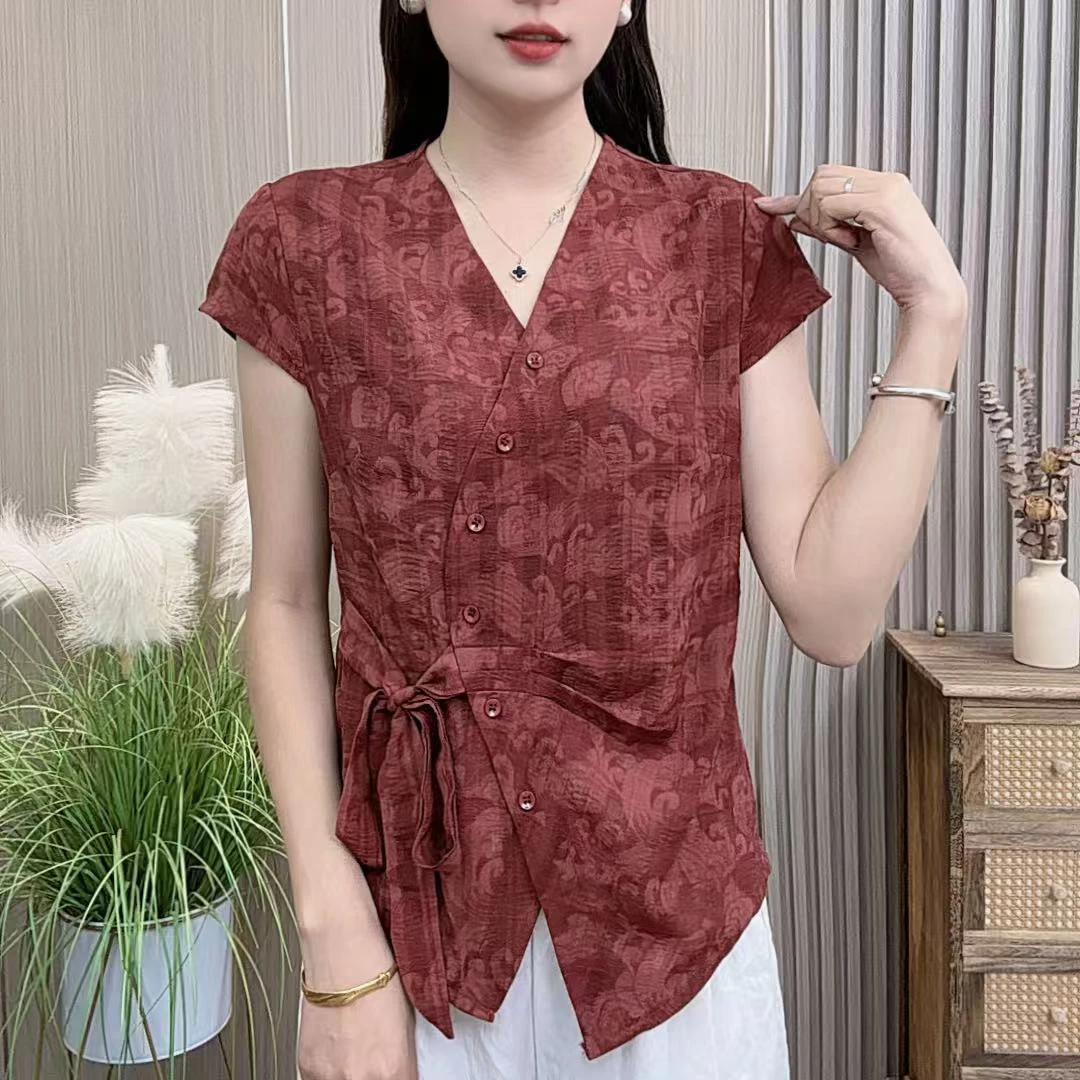 2025夏季女士T恤V领新款时尚洋气百搭显瘦百搭提花开扣短袖小衫89