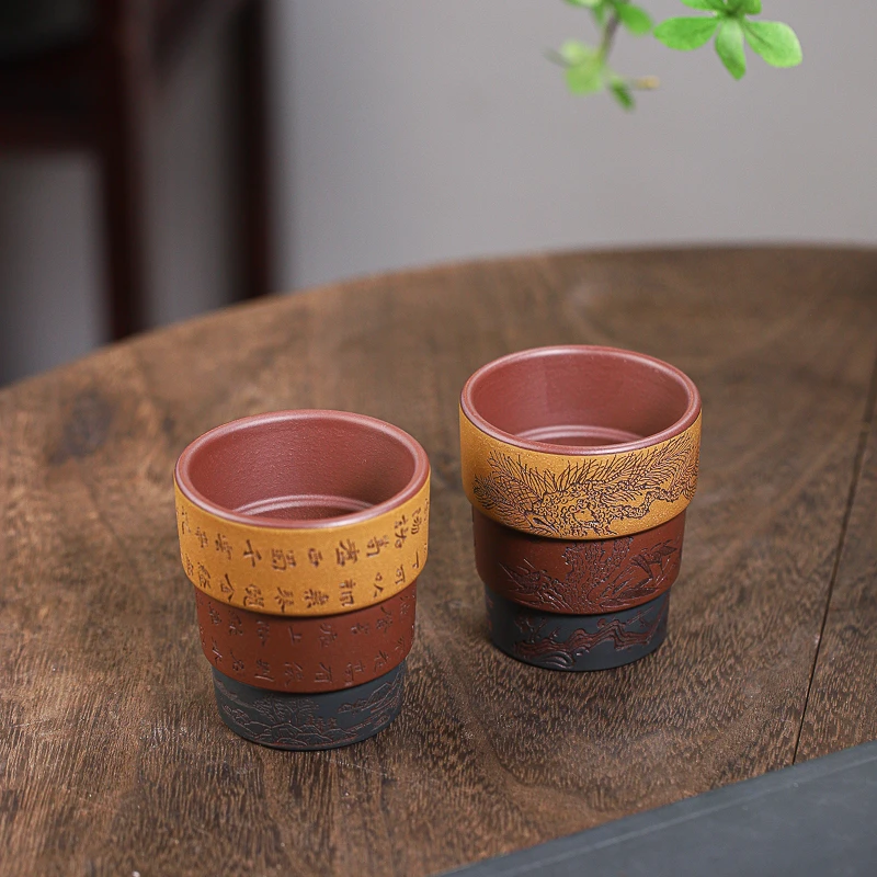 手工杯 | 宜兴紫砂杯  《三色陋室铭》《三色岁寒三友》竹节主人杯