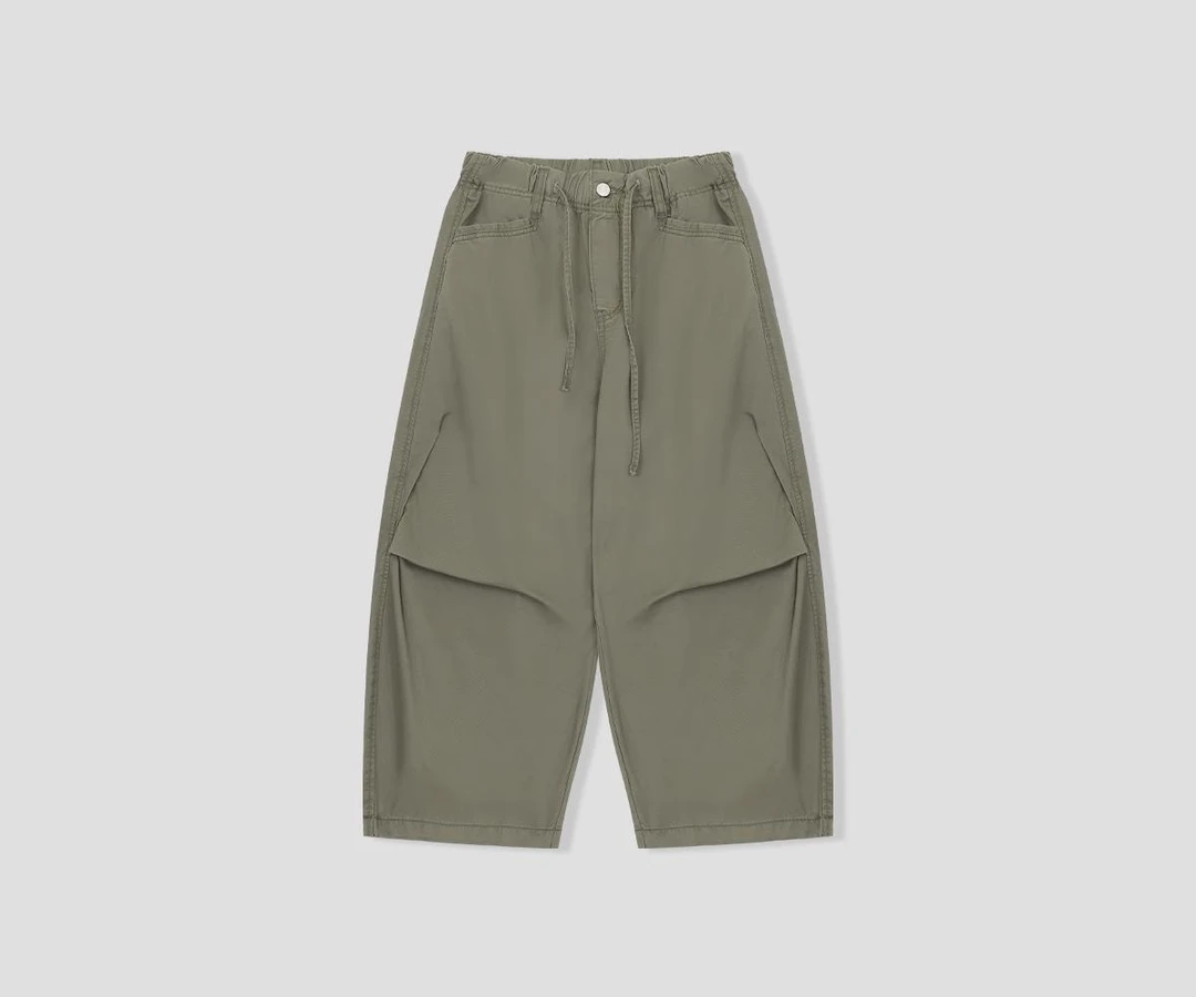 100棉 美式复古挺阔松紧腰压褶薄料八分工装裤