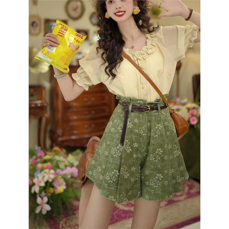 夏季高腰碎花A字牛仔短裤女2025年新款显瘦时尚减龄阔腿半身裤裙