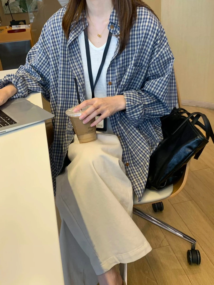 复古宽松慵懒风格子衬衫女早秋新品韩版休闲简约长袖外搭通勤小衫