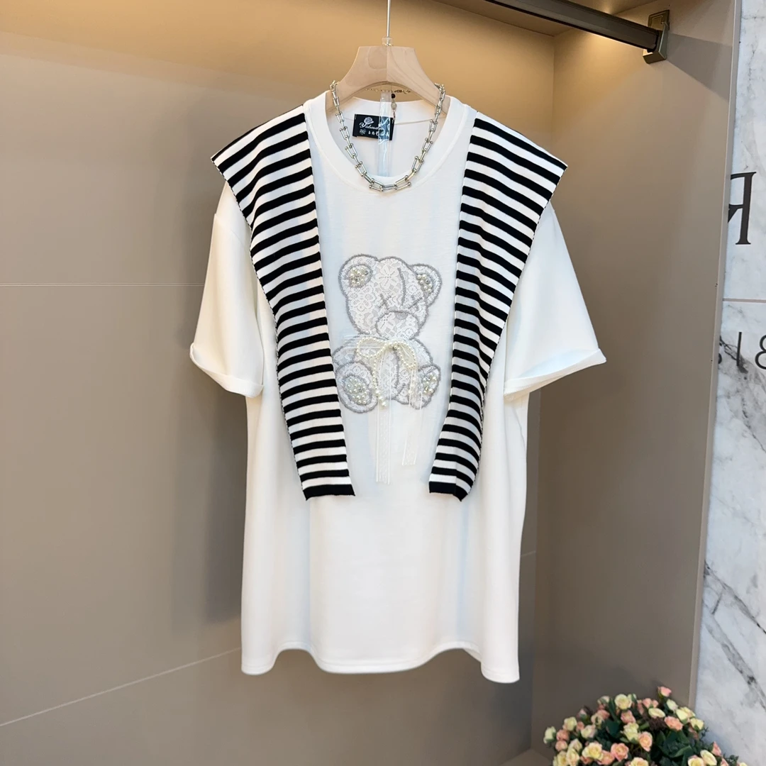 春夏时尚百搭重工钉珠洋气披肩设计韩系宽松显瘦卡通图案短袖T恤