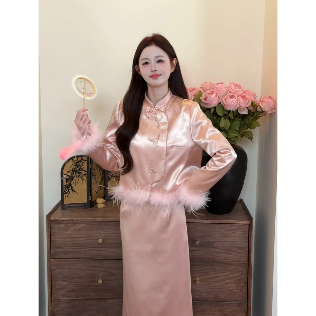 【画中仙】<77>新中式蝴蝶刺绣羽绒拼毛外套+半裙套装XMZH10585