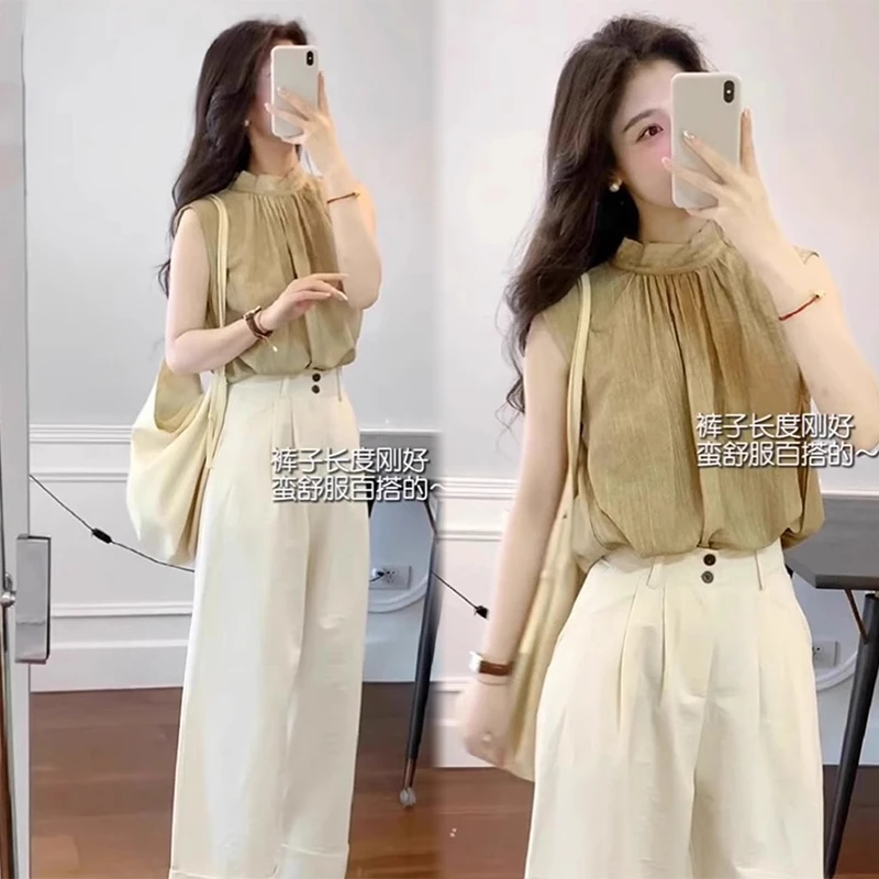 2025夏季新款韩系蝴蝶结系带立领无袖衬衫女搭配气质减龄裤子套装