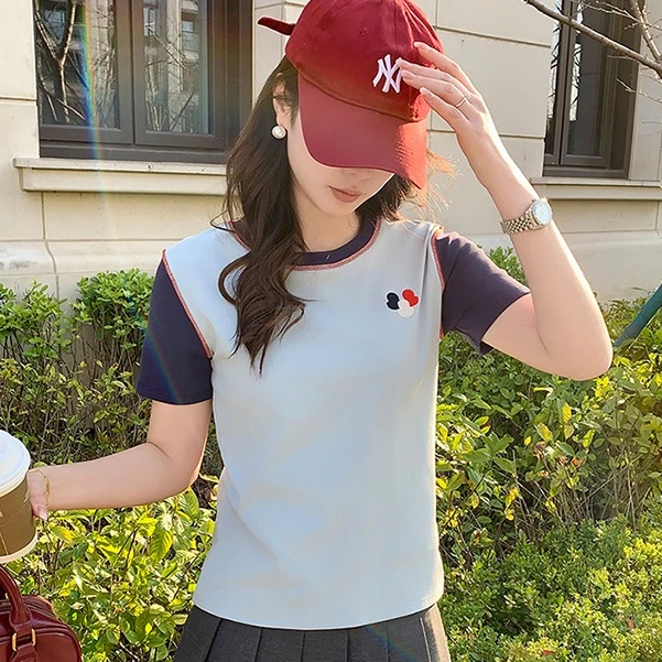 「自然系极简风」百搭时尚单品/撞色拼接刺绣T恤Y2512