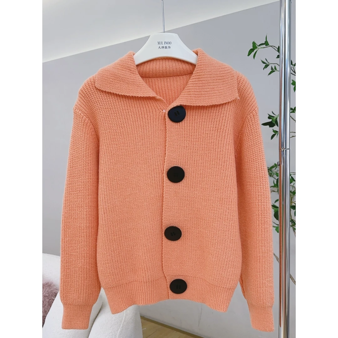 丨秋冬新款桔色翻领宽松显瘦百搭针织开衫 3651