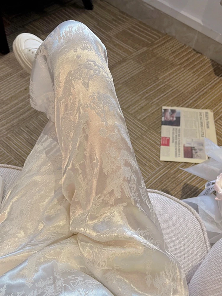 国风提花直筒裤女2025春季新品新中式高腰盘扣缎面垂感休闲阔腿裤