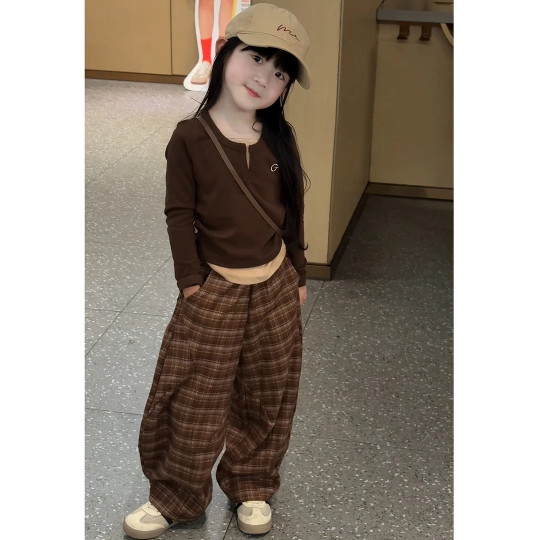 女童套装2025春秋装新款套装棕咖格纹复古休闲弯刀裤儿童T恤童装