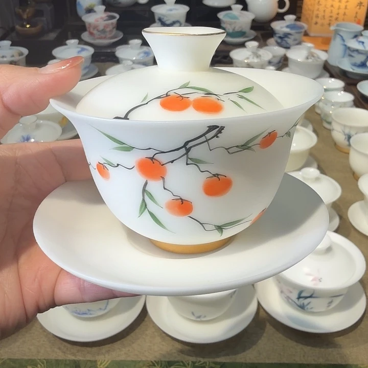 素烧冰种薄胎手绘三才盖碗盖下柿柿如意