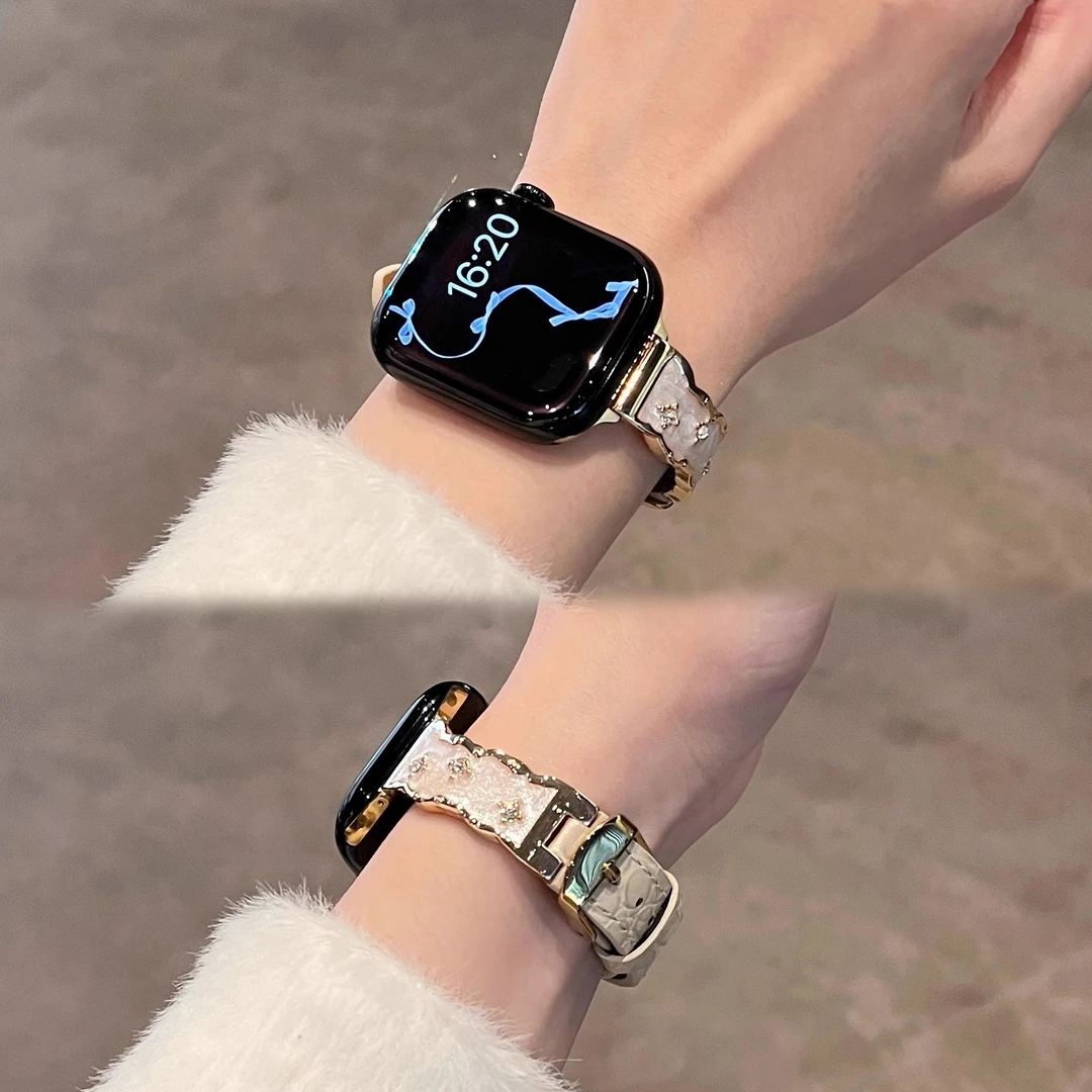 轻奢镶钻手镯鳄鱼纹真皮表带适用iwatch10applewatchs9苹果手表87