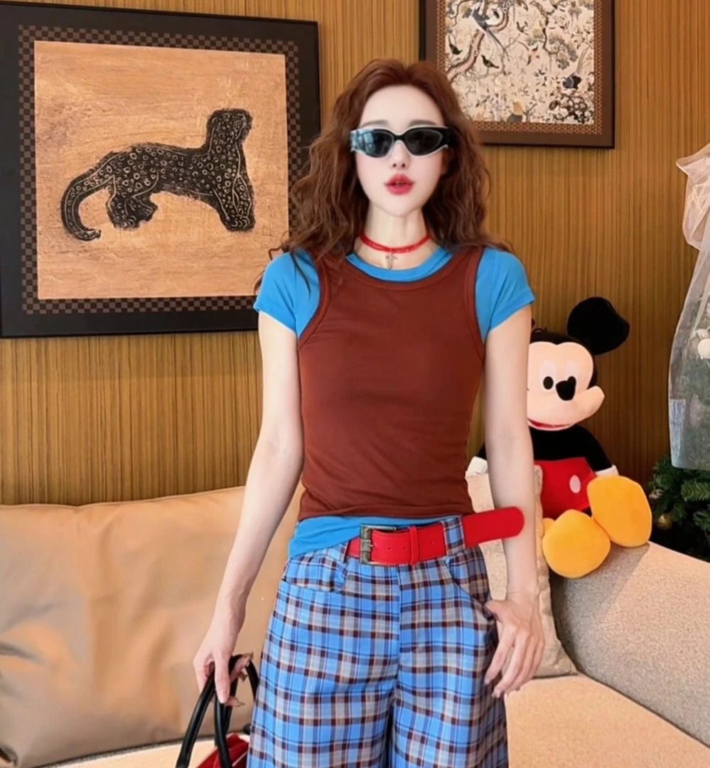 x3218 CC推荐 假两件撞色拼接短袖T恤