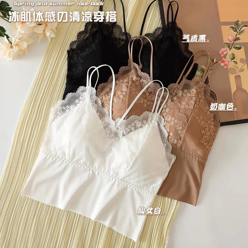 可装义乳性感蕾丝细带交叉裹胸冰丝大露背小胸高质量蕾丝吊带