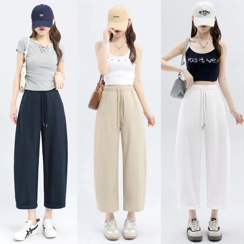 抽绳卷边弯刀休闲裤女2025夏季薄款小个子高腰宽松显瘦九分香蕉裤