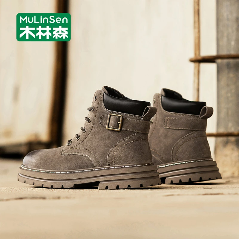 木林森高帮休闲鞋2025秋冬新款复古英伦皮面马丁靴厚底耐磨工装靴