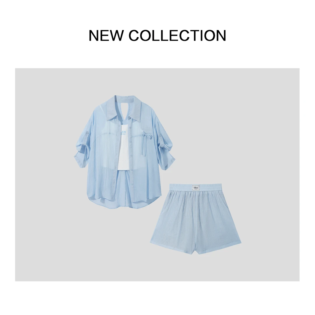 【小依专享】D5F36005A清新衣服休闲束腰短袖套装-6005气质上衣蓝色