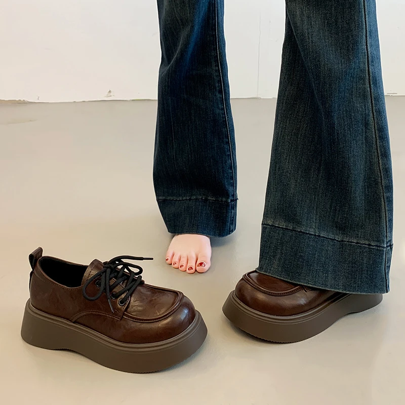 复古棕色厚底乐福鞋女夏季2025新款爆款系带单鞋春秋英伦风小皮鞋
