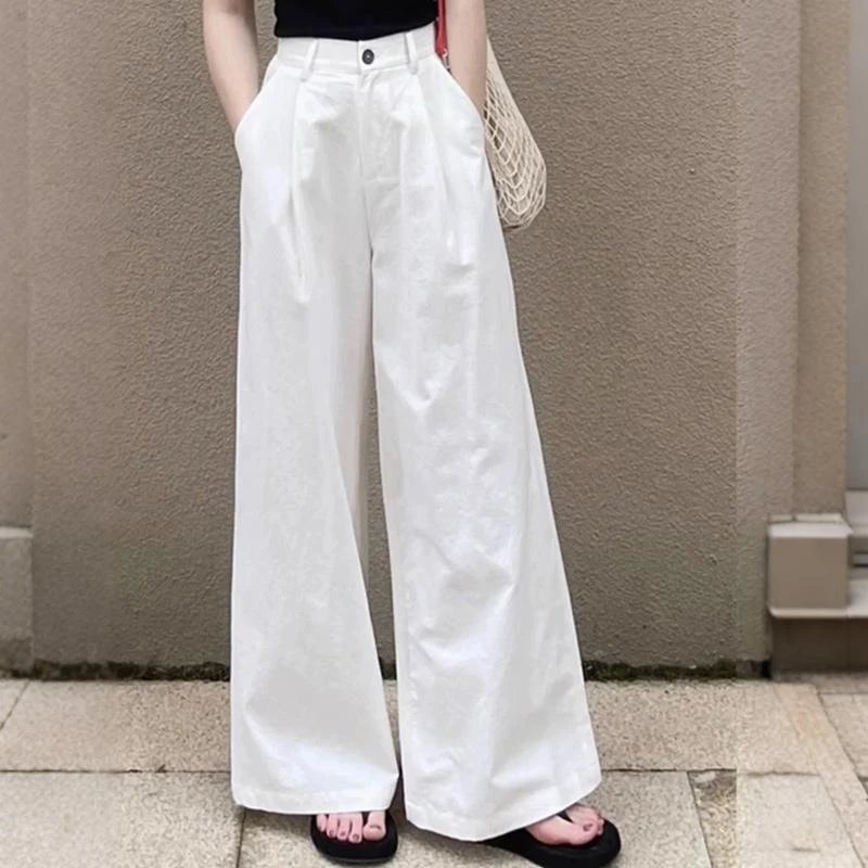 白色西装阔腿裤女夏季高级感垂感梨形身材直筒裤宽松显瘦休闲裤子