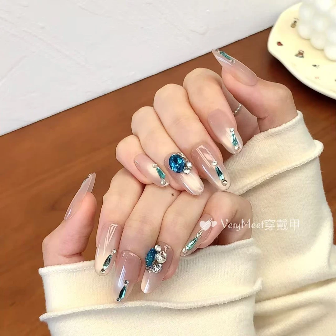 VERY MEET孔雀蓝轻奢锆石钻冰透水润猫光夏日清冷感纯欲美甲贴102