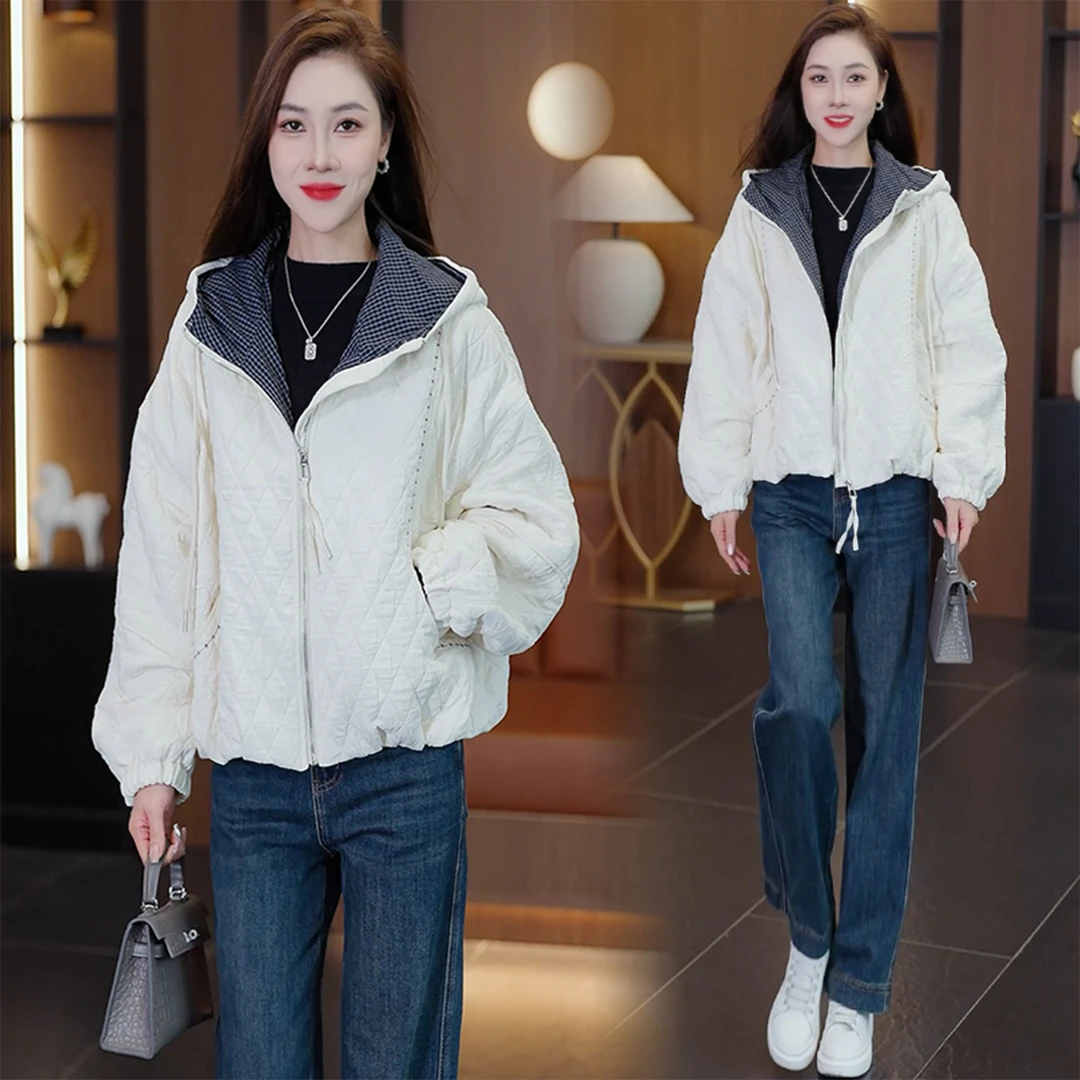 时尚休闲棉衣女2025年秋冬季新款网红宽松百搭设计感连帽棉服外套