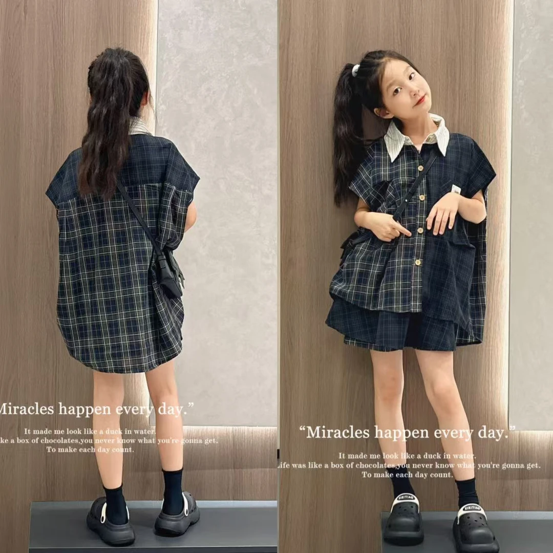 女童夏季套装2025新款儿童洋气格子衬衫牛仔短裤两件套百搭时尚