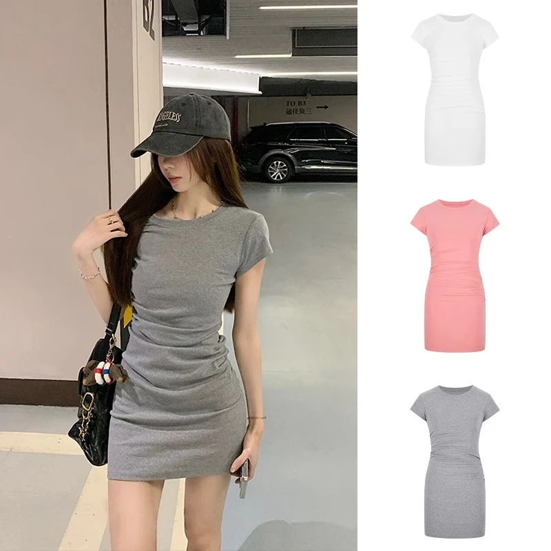 纯欲辣妹褶皱收腰连衣裙女夏季2025新款修身性感内搭包臀A字短裙