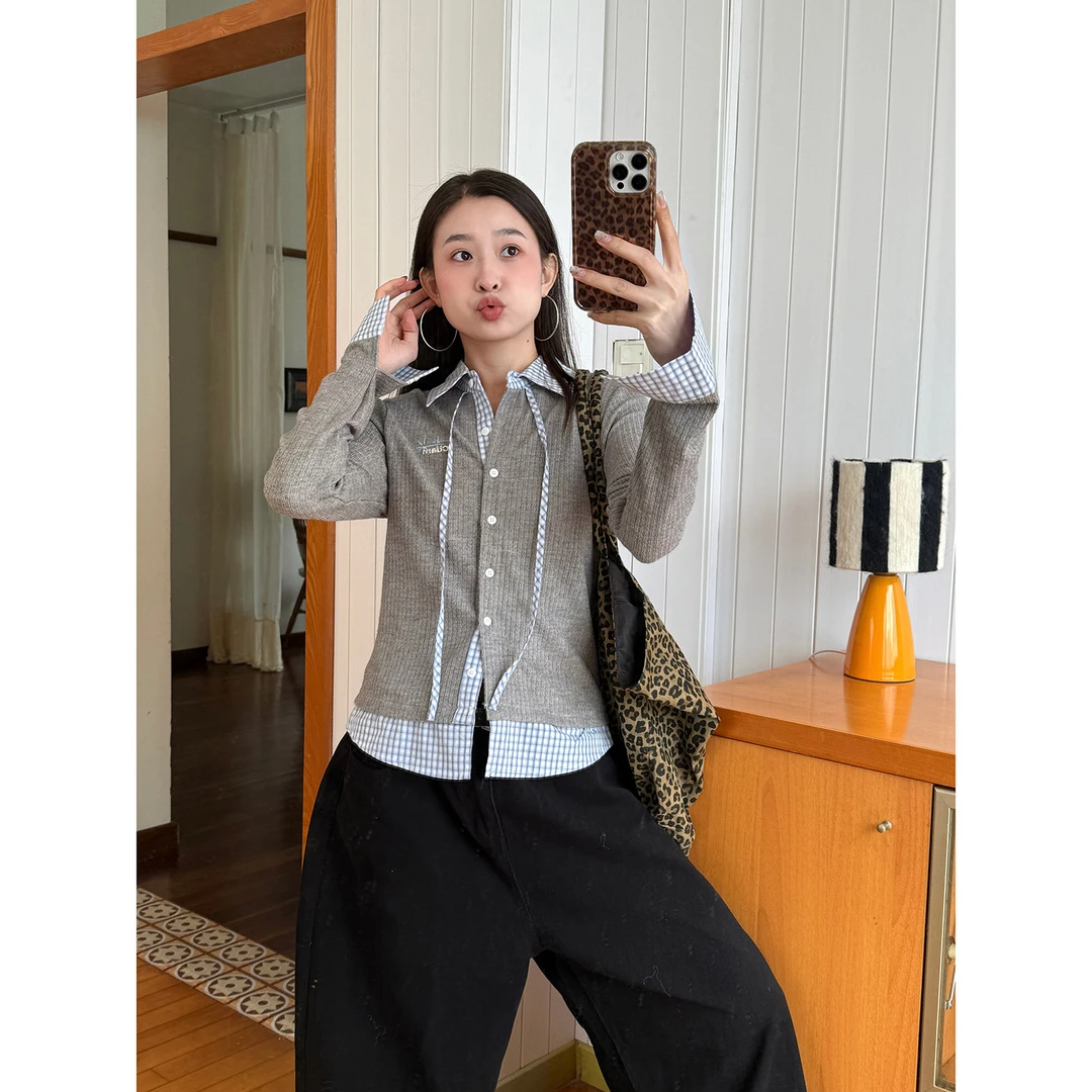 19studio WAYNEPRINCE 美式复古拼接修身长袖假两件套头上衣女款