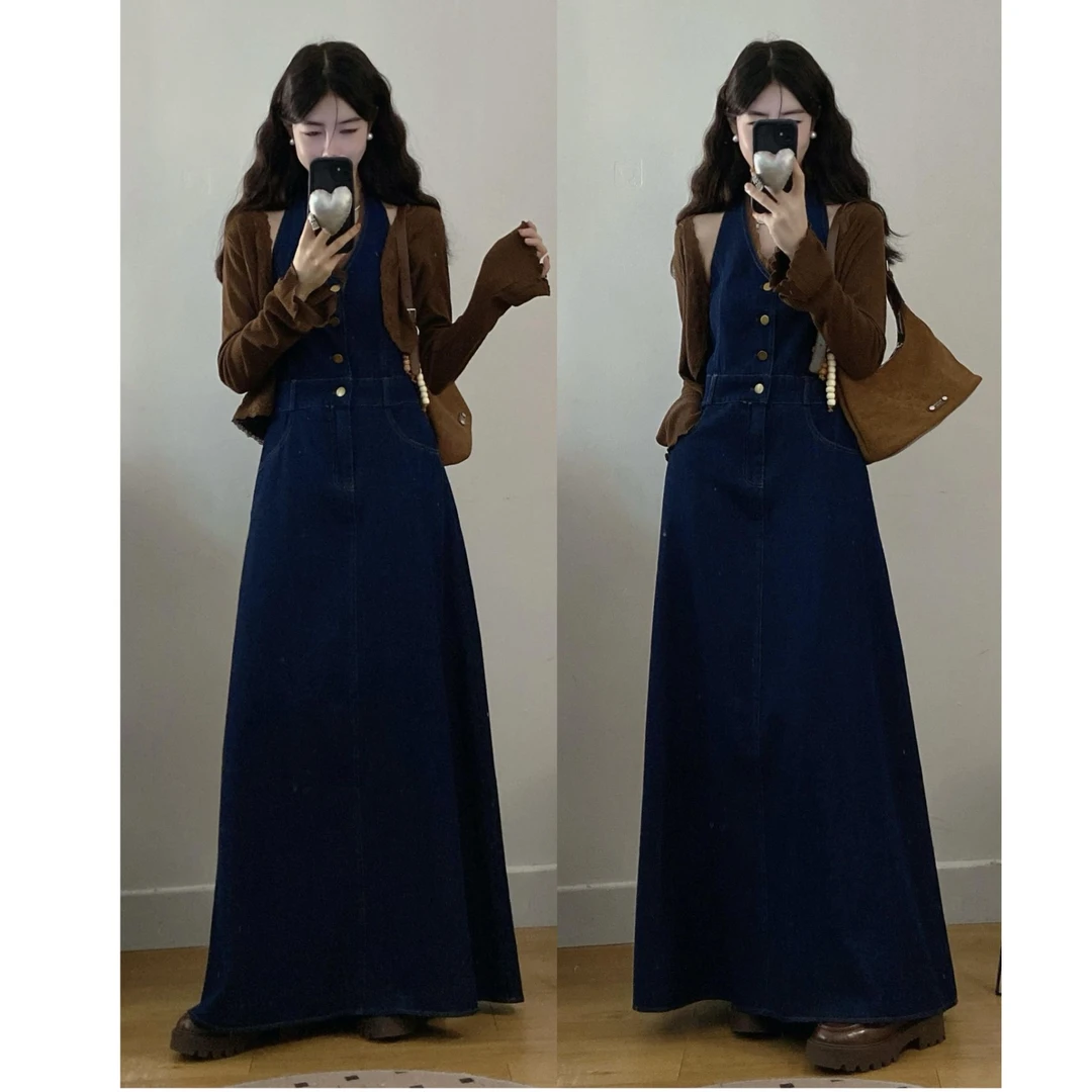 大码女装秋冬高腰显瘦花边v领挂脖牛仔长裙+针织开衫两件套