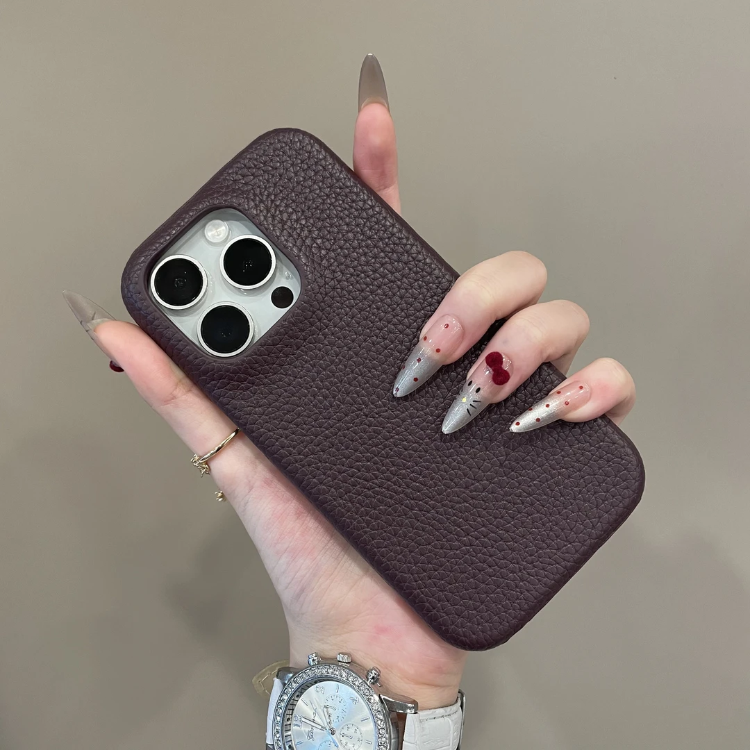 高级感荔枝纹皮质半包适用iPhone16手机壳15pro时尚14pm防摔13硬