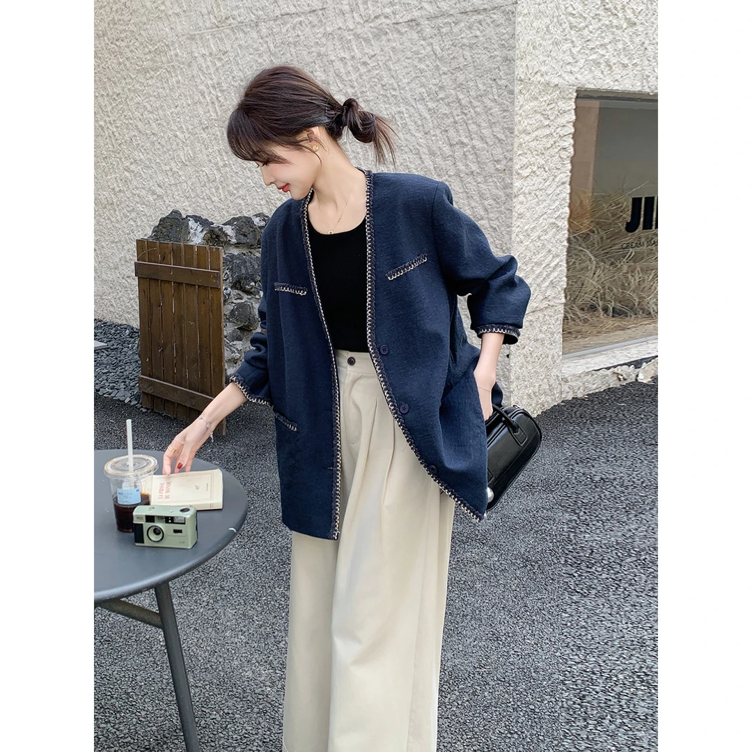 藏蓝色小香风外套女春秋新款今年流行显瘦气质轻熟风时尚宽松上衣