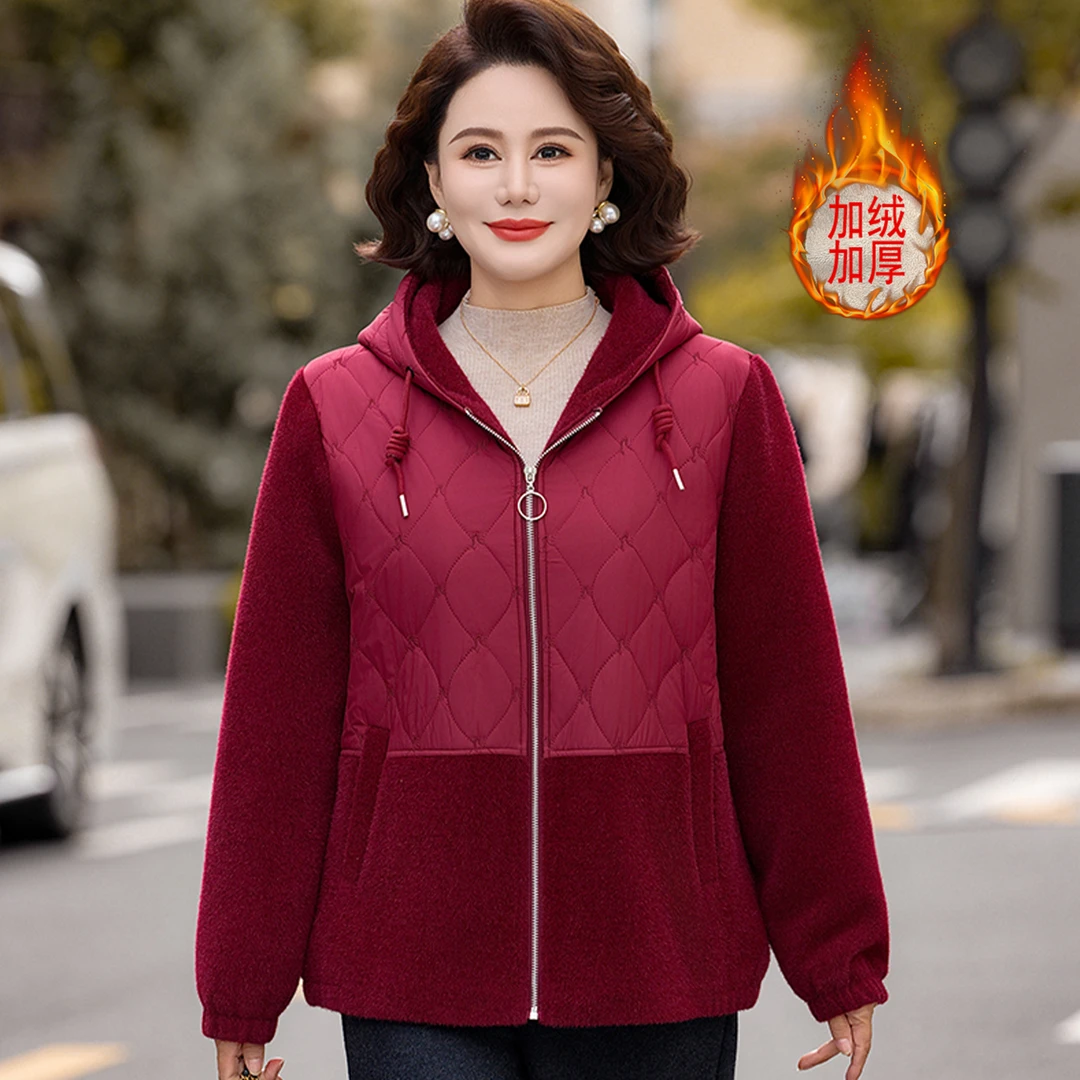 洋气妈妈冬装轻奢时尚风加绒加厚棉衣中老年女装保暖连帽毛呢外套