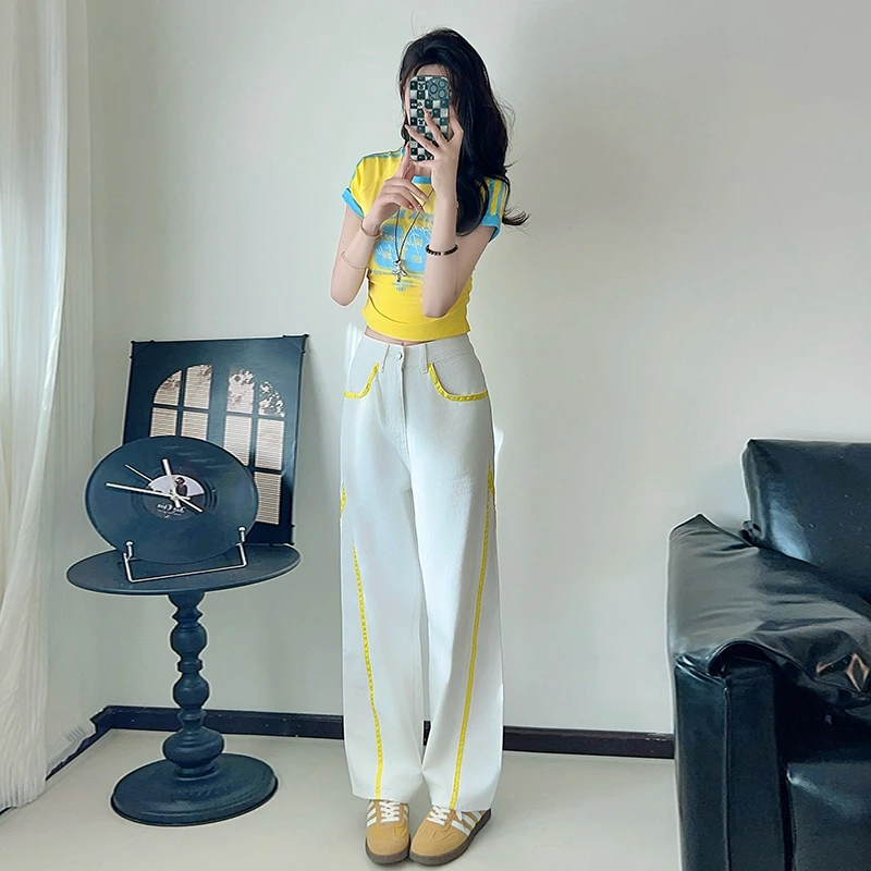 多巴胺黄色印花短袖T恤女套装夏款休闲运动牛仔阔腿裤两件套显瘦