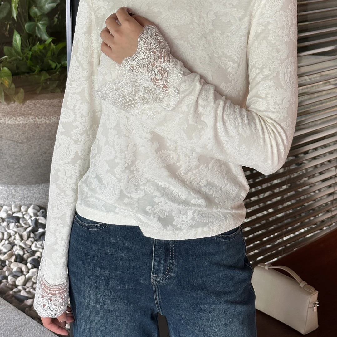 JESSICA WU优雅复古蕾丝拼接长袖上衣257210005