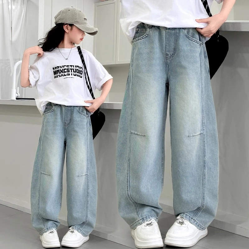 女童裤子牛仔裤春秋季新款薄款儿童宽松弯刀裤初中生阔腿夏季薄款