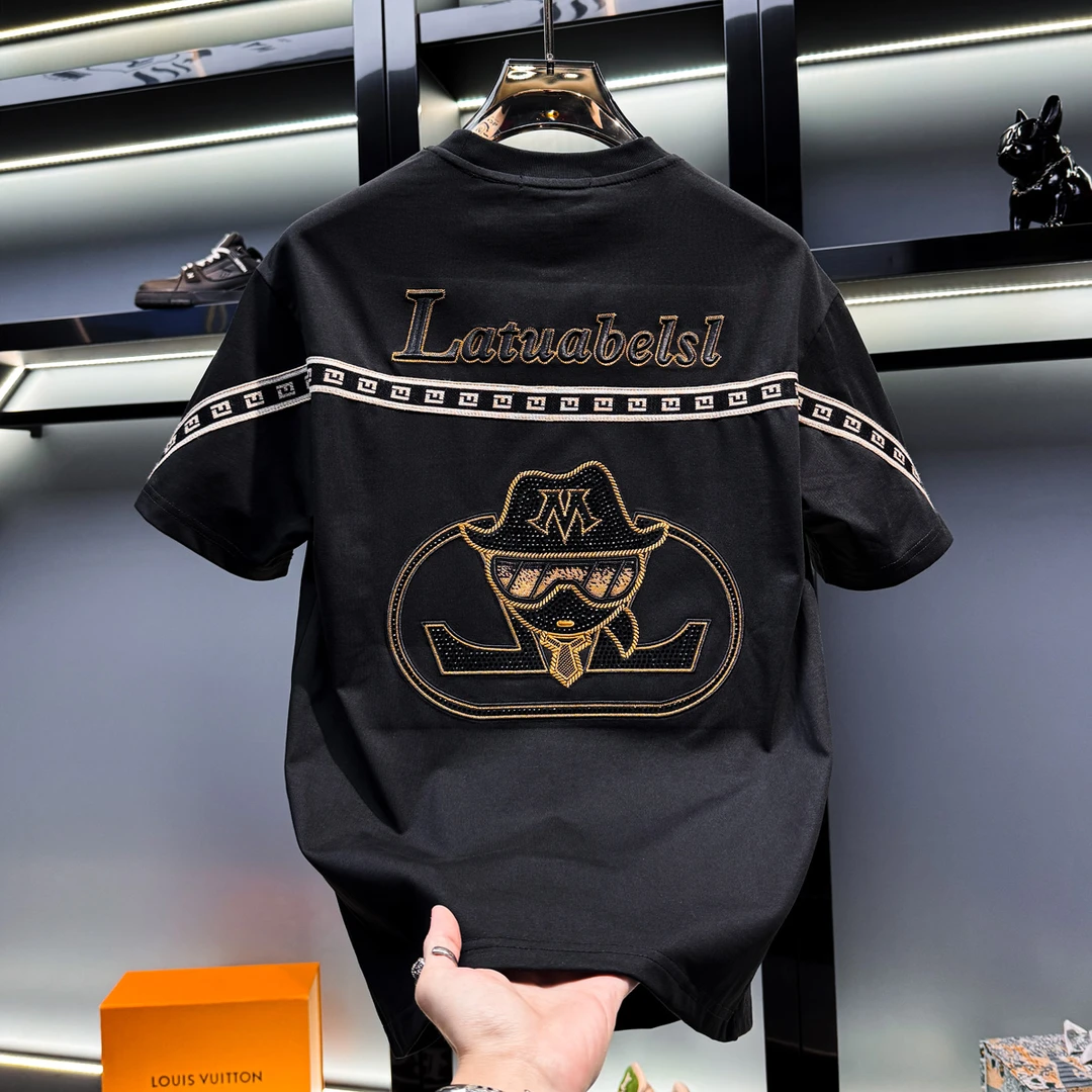 劳玛杜伽烫钻刺绣男短袖t恤衫夏季潮流个性半袖圆领时尚男士短袖