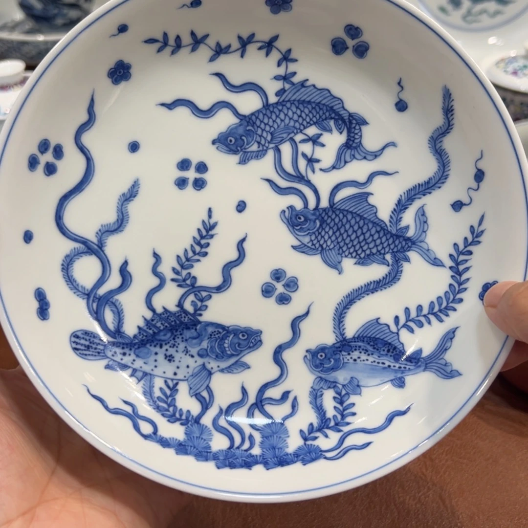 壶承青花海浪鱼藻纹壶承17厘米