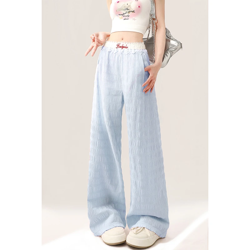 自然涩夏季蓝色蕾丝花边休闲裤女夏季小个子直筒宽松阔腿长裤子