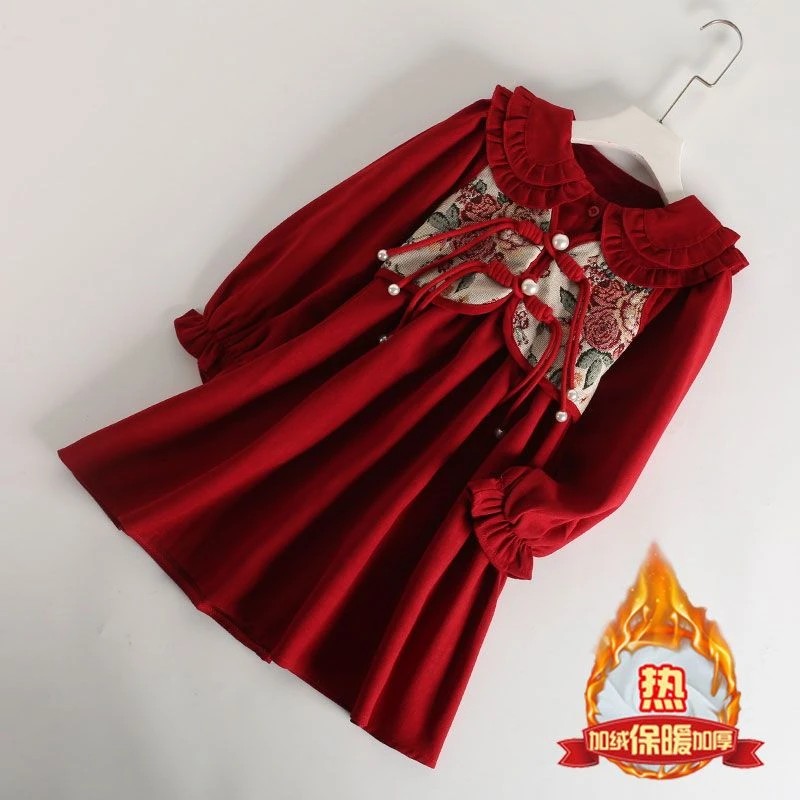女童新中式红色加绒连衣裙2026新款衣服中国风公主儿童过年服裙子
