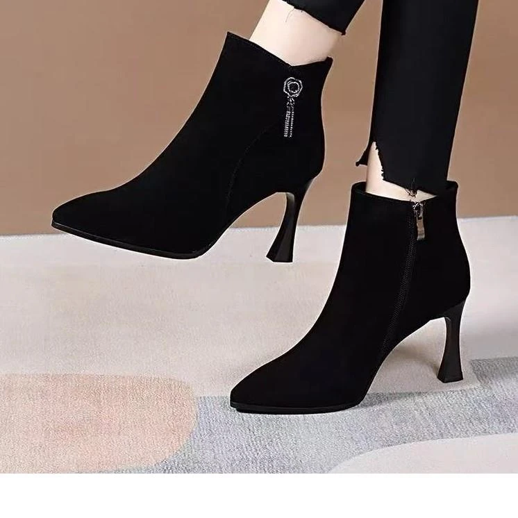 高跟鞋细跟真皮气质磨砂皮小短靴女秋冬季加绒配裙子羊皮及踝靴子