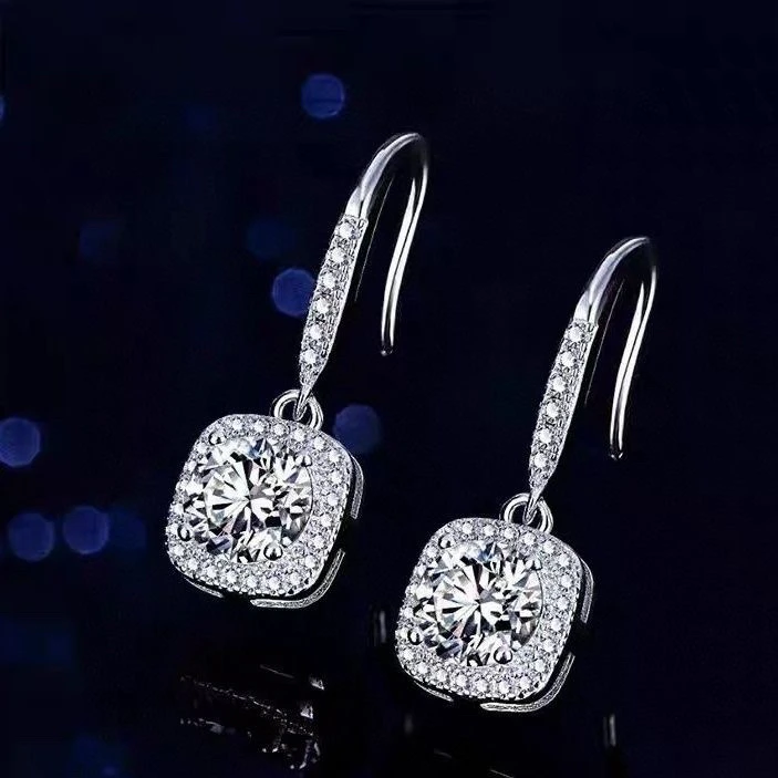 足银合成锆石耳饰 足银微镶锆石方糖耳扣