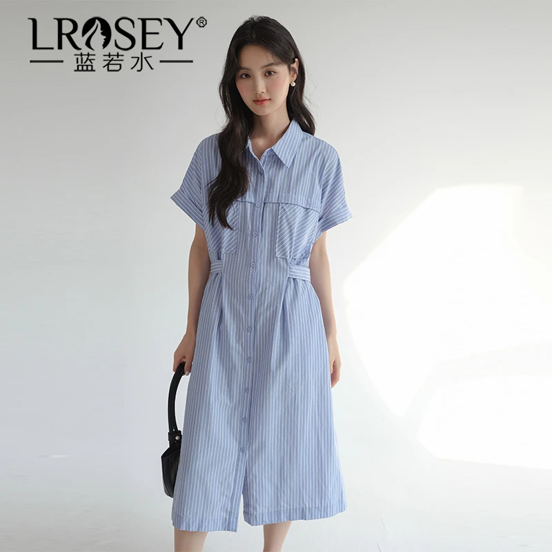 Lrosey/蓝若水大码女装盐系竖条纹衬衫连衣裙宽松收腰长裙女8299