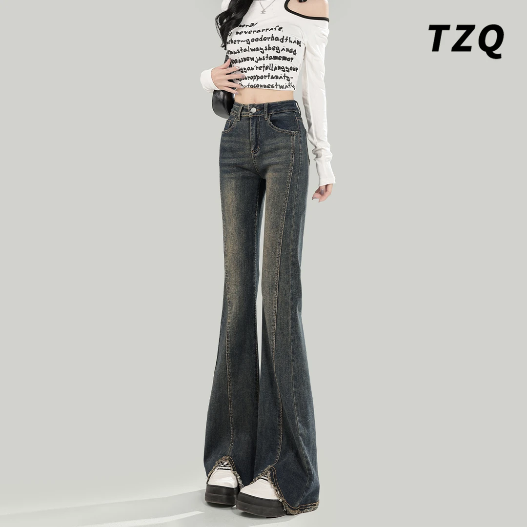 高腰微喇牛仔裤女2025秋季韩版修身显瘦遮肉毛边喇叭裤TZQ2582711