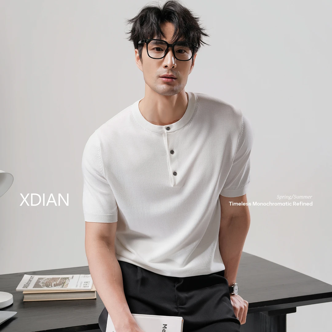 续点「轻奢24支」重磅240G亨利领短袖t恤男2025新款针织上衣夏季