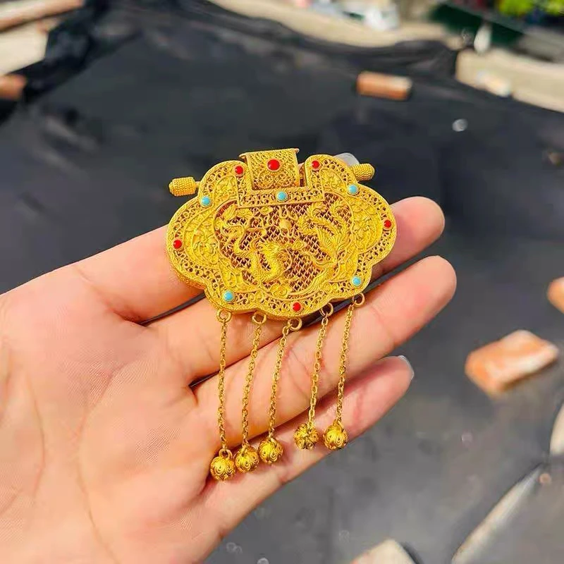 钛钢布艺项链 花丝镶嵌天子门生流苏龙凤呈祥锁包手工编织毛衣链