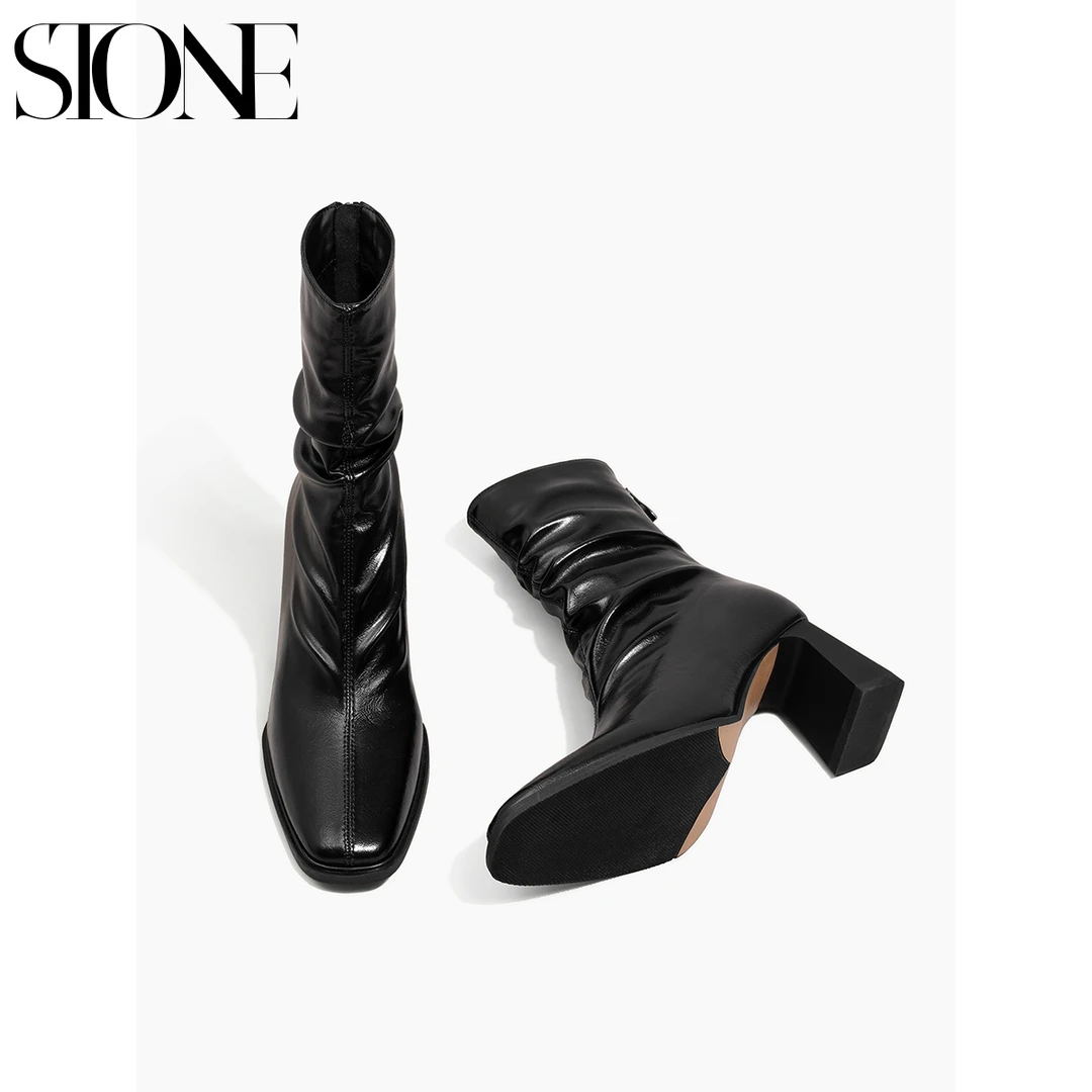 石头家法式高跟瘦瘦靴短靴女黑色复古堆堆靴子方头褶皱粗跟中筒靴