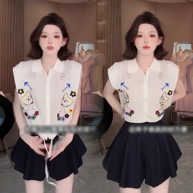 2025夏季洋气穿搭整套猫咪图案针织衫百搭洋气减龄显瘦裤裙女士