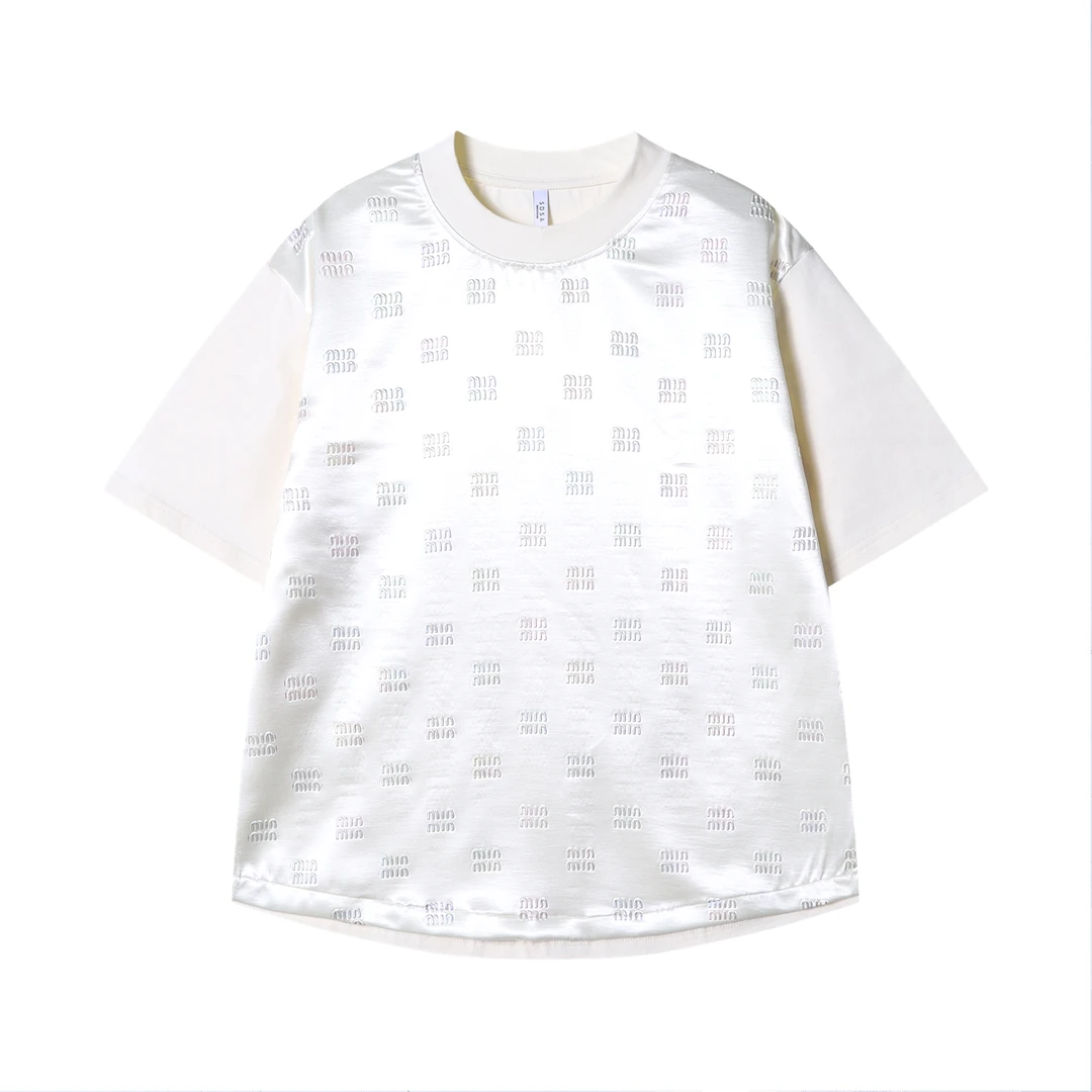 早春新款时尚个性韩版拼接亮面印花字母圆领短袖T恤休闲百搭上衣