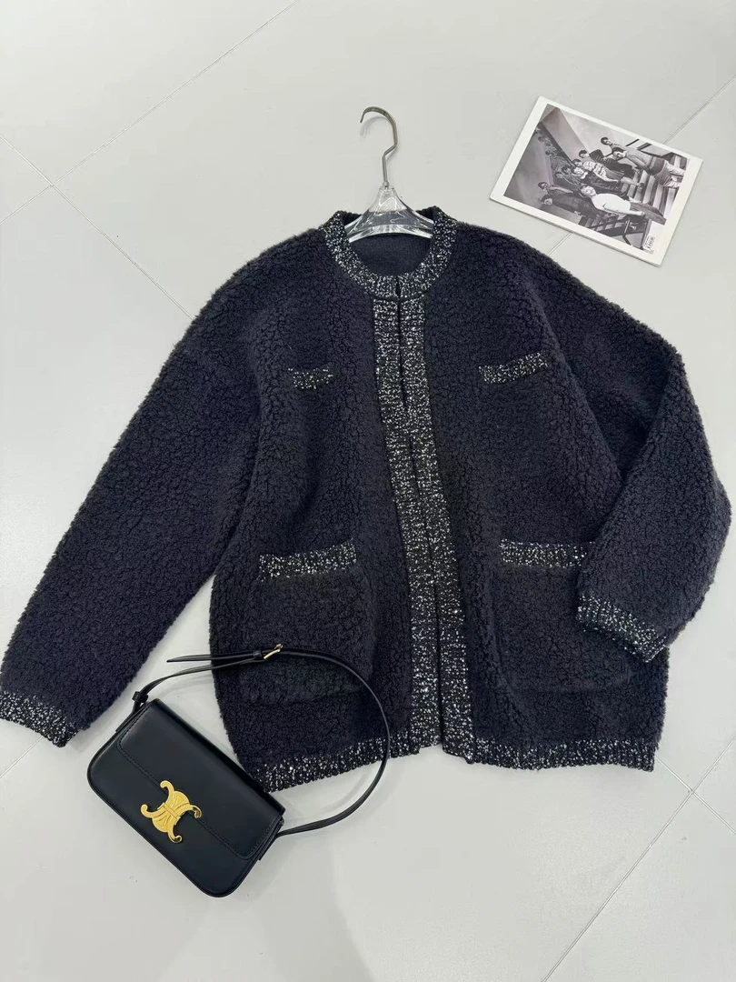 F931春季新款100%绵羊毛云朵拉贡亮片圆领外套女