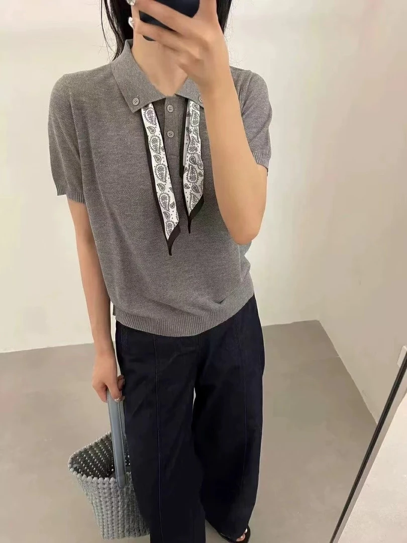 宋丝巾polo领针织短袖上衣女2025夏季新时尚小众别致短款t恤