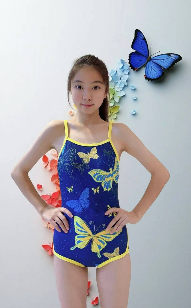 蝴蝶蓝色夏季女士三角泳衣固定杯垫竞速舒适遮肉显瘦专业时尚连体