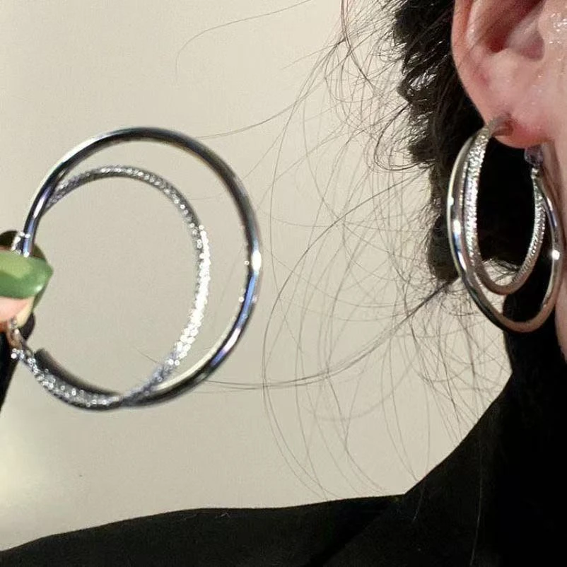 铜合金耳饰 简约冷淡风银色双层素圈耳环女小众气质独特耳饰